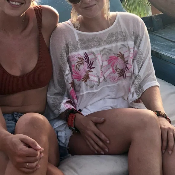 Free People Love Letter Tee Embroidered Sheer Swing top - Picture 7 of 7